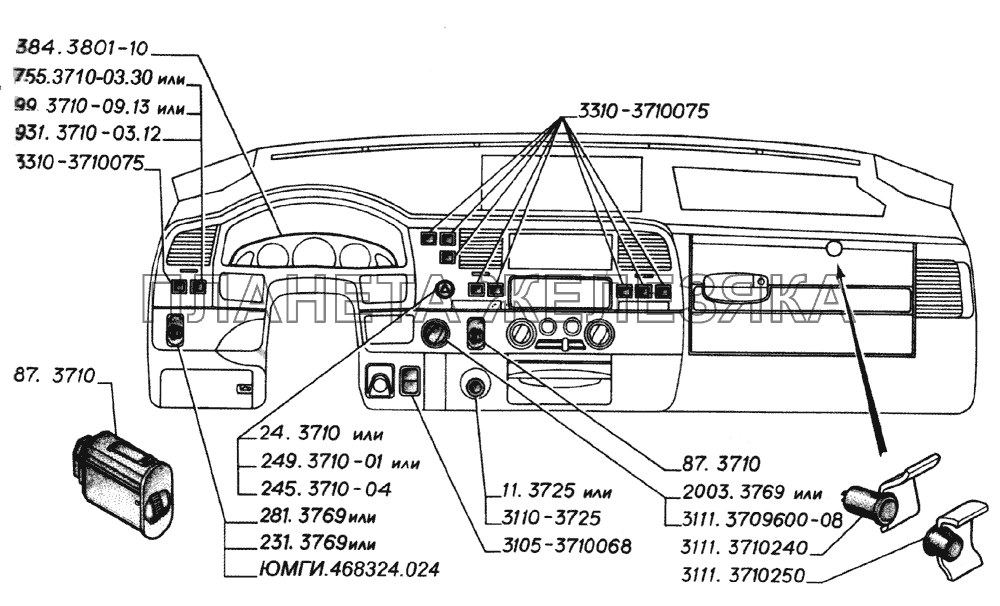 Органы управления на панели приборов, комбинация приборов (для автомобилей выпуска с 2003 года) ГАЗ-2705 (дв. УМЗ-4215)